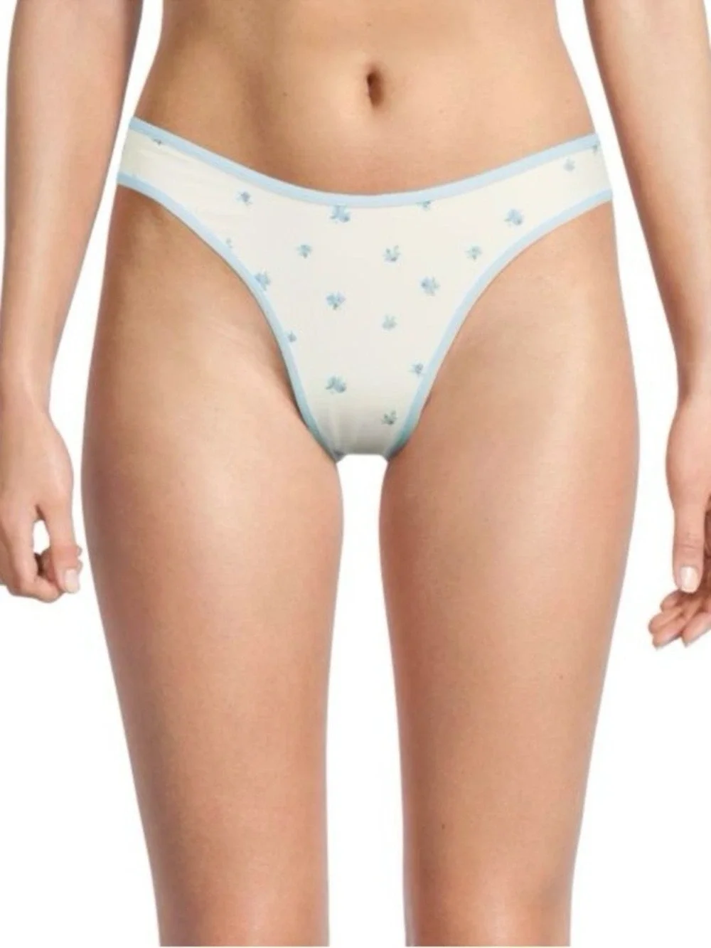 WeWoreWhat Cream Floral Bikini Bottom Light Blue Trim Small